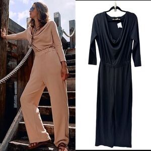 Free People Beach Wide Leg Jumpsuit Cityscape Cowl Neck Black Size Medium NWT